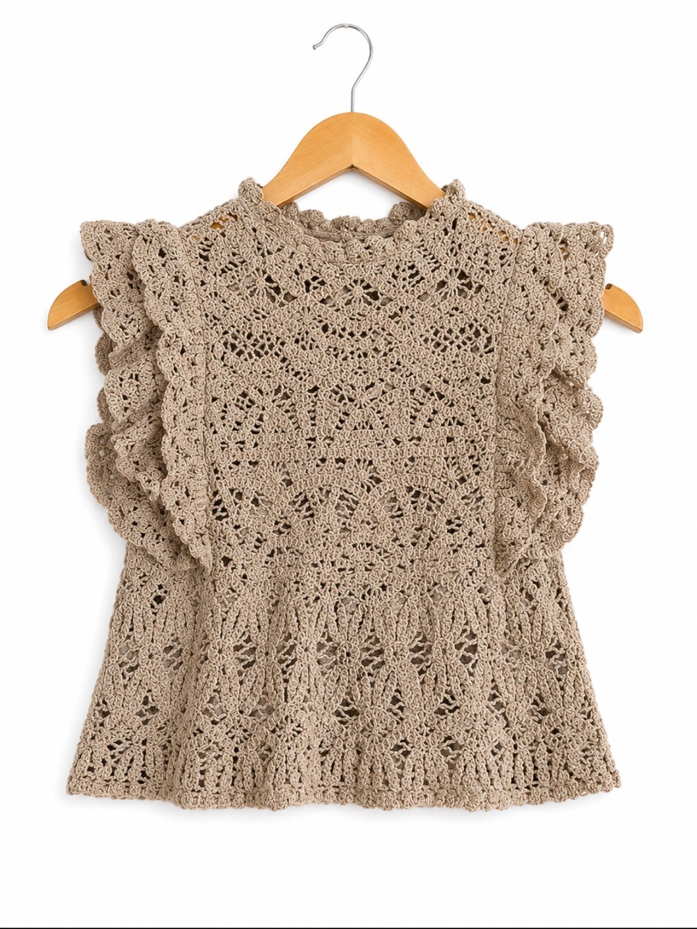: Zara Beige Crochet Ruffle Button Front Knit Top S Boho Cottagecore